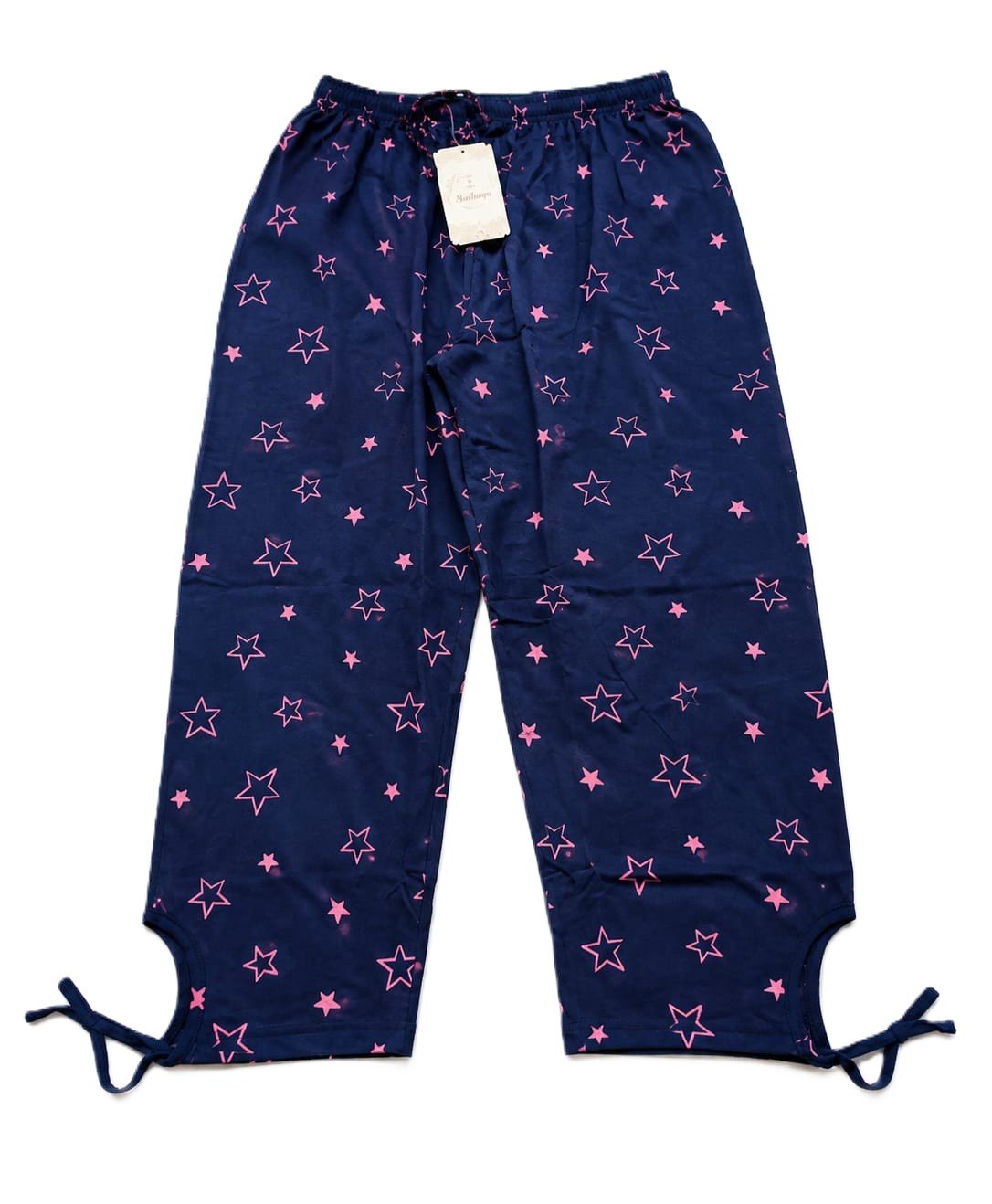 Navy Blue Star Print Capri Pyjama Pants for Women/Girls with Adjustable Ankle Tie – Casual Loungewear