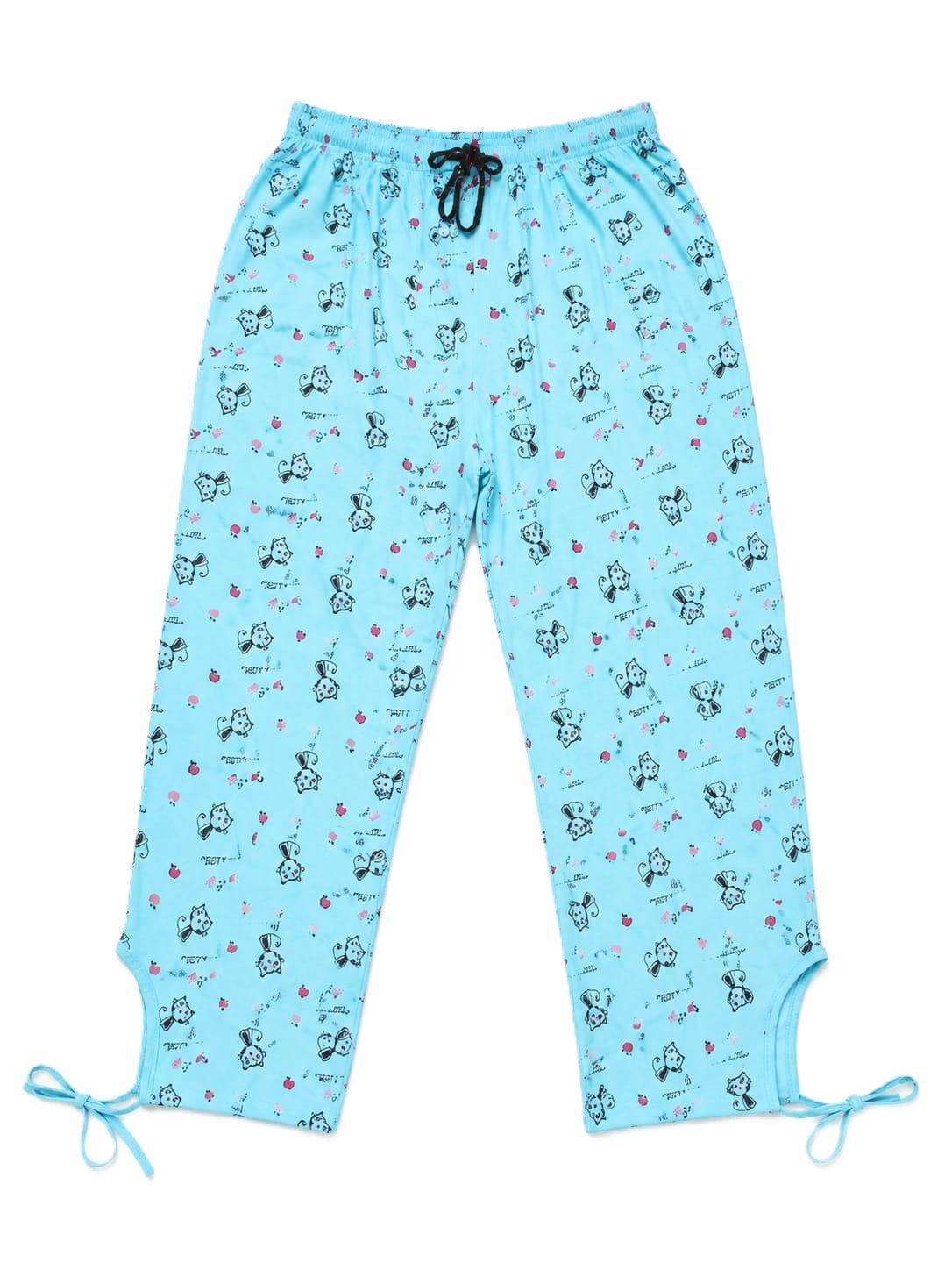 Sky Blue Cute Kitten & Apple Print Cotton Capri Pyjama Pants with Adjustable Drawstring Waist