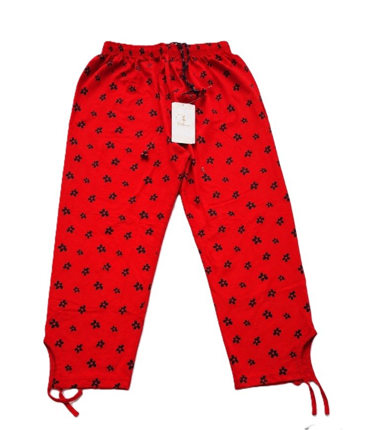 Red Floral Printed Elastic Waist Capri Pants with Ankle Ties