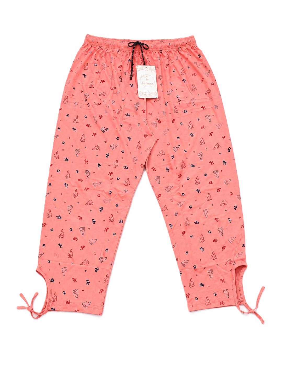 Peach Printed Capri Pants with Drawstring & Side Hem Ties