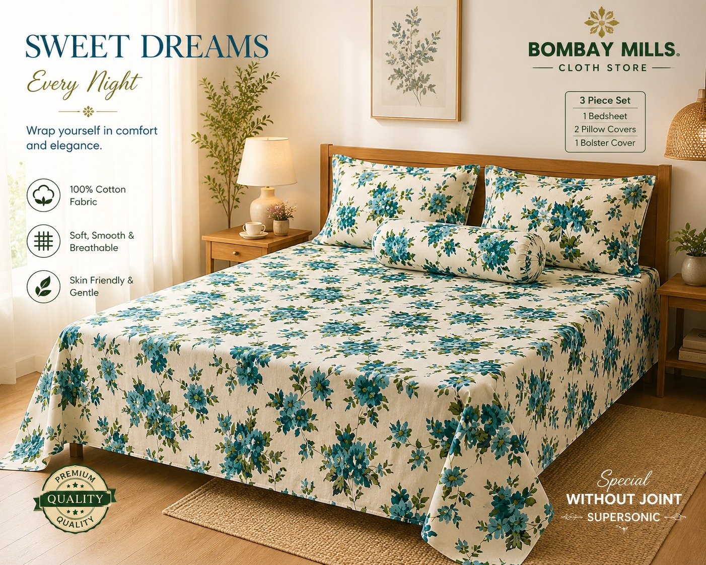 King Size Bedsheet with 2 Pillow Covers and 1 Pass Pillow Cover | 100% Cotton Floral Print | White with Teal Green Flowers